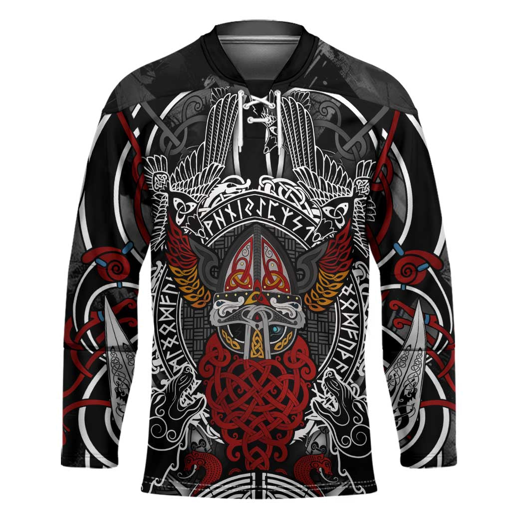Viking Berserker and Valknut Norse Mythology Hockey Jersey Red and Black Celtic Knotwork Art
