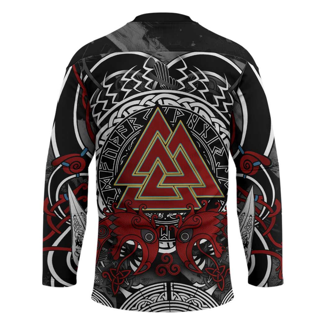 Viking Berserker and Valknut Norse Mythology Hockey Jersey Red and Black Celtic Knotwork Art