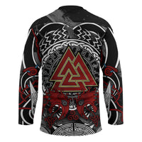 Viking Berserker and Valknut Norse Mythology Hockey Jersey Red and Black Celtic Knotwork Art