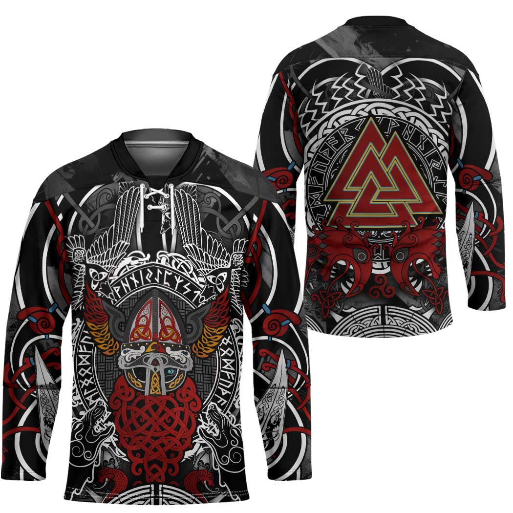 Viking Berserker and Valknut Norse Mythology Hockey Jersey Red and Black Celtic Knotwork Art