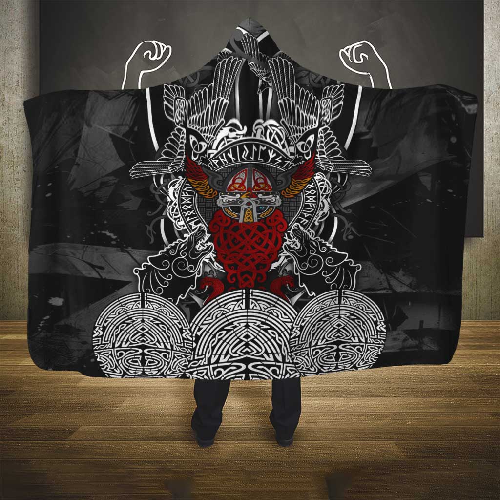 Viking Berserker and Valknut Norse Mythology Hooded Blanket Red and Black Celtic Knotwork Art