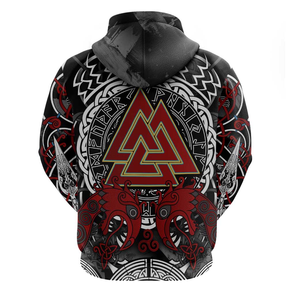Viking Berserker and Valknut Norse Mythology Hoodie Red and Black Celtic Knotwork Art