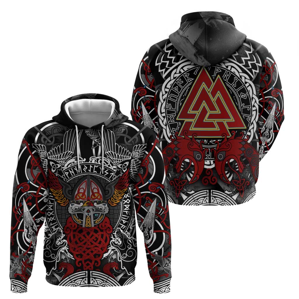 Viking Berserker and Valknut Norse Mythology Hoodie Red and Black Celtic Knotwork Art