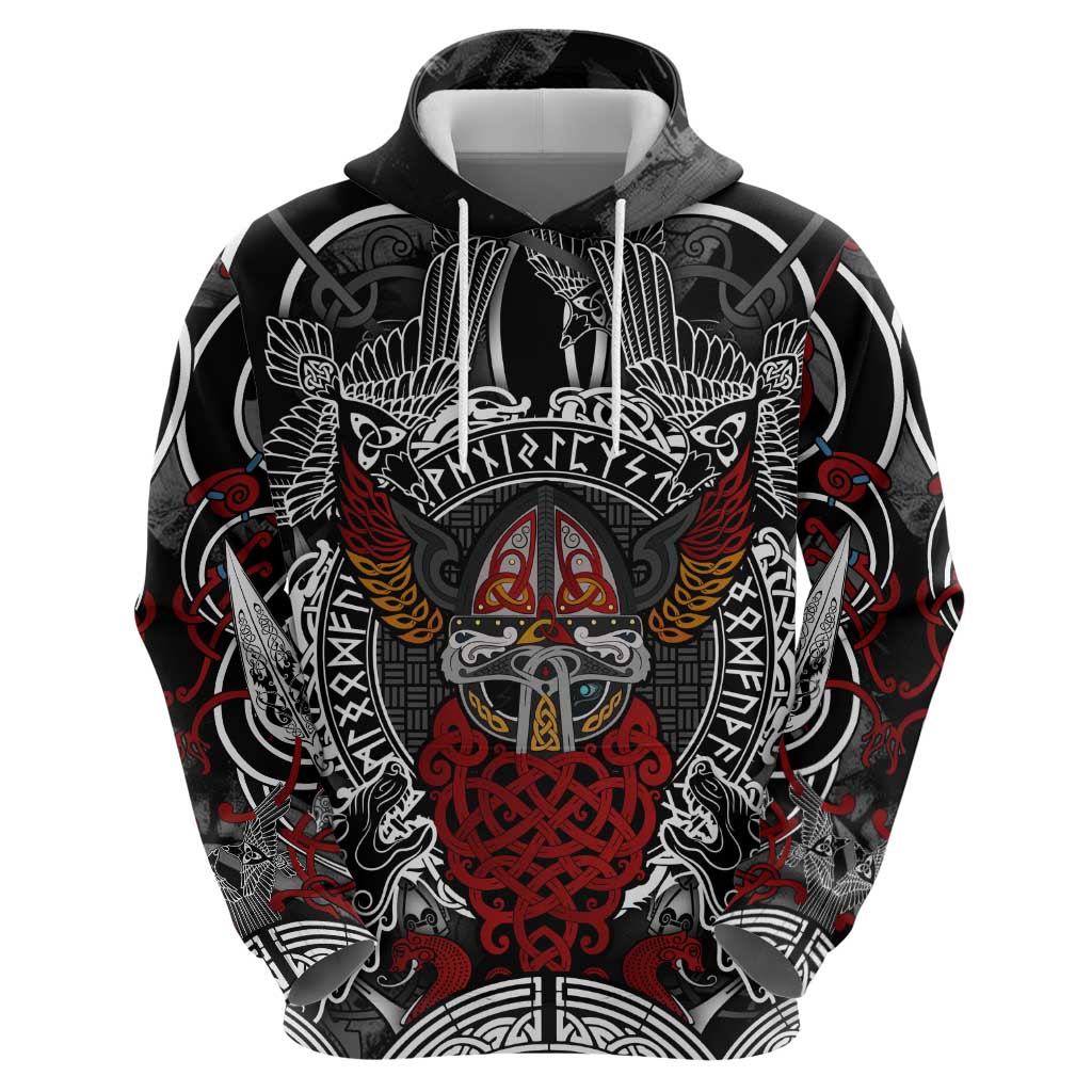 Viking Berserker and Valknut Norse Mythology Hoodie Red and Black Celtic Knotwork Art