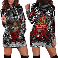 Viking Berserker and Valknut Norse Mythology Hoodie Dress Red and Black Celtic Knotwork Art