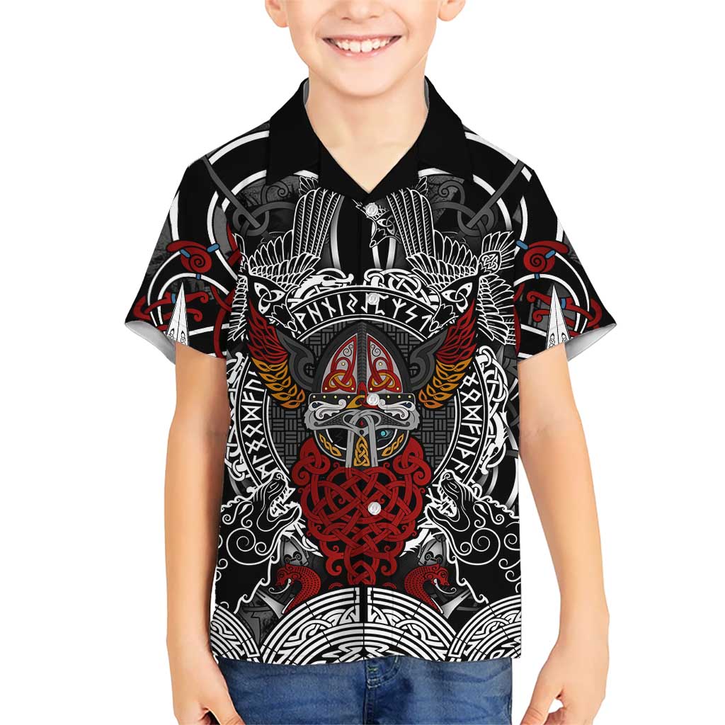 Viking Berserker and Valknut Norse Mythology Kid Hawaiian Shirt Red and Black Celtic Knotwork Art