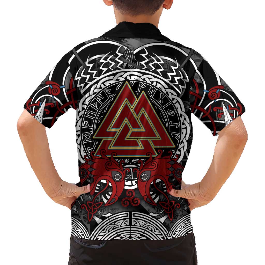Viking Berserker and Valknut Norse Mythology Kid Hawaiian Shirt Red and Black Celtic Knotwork Art