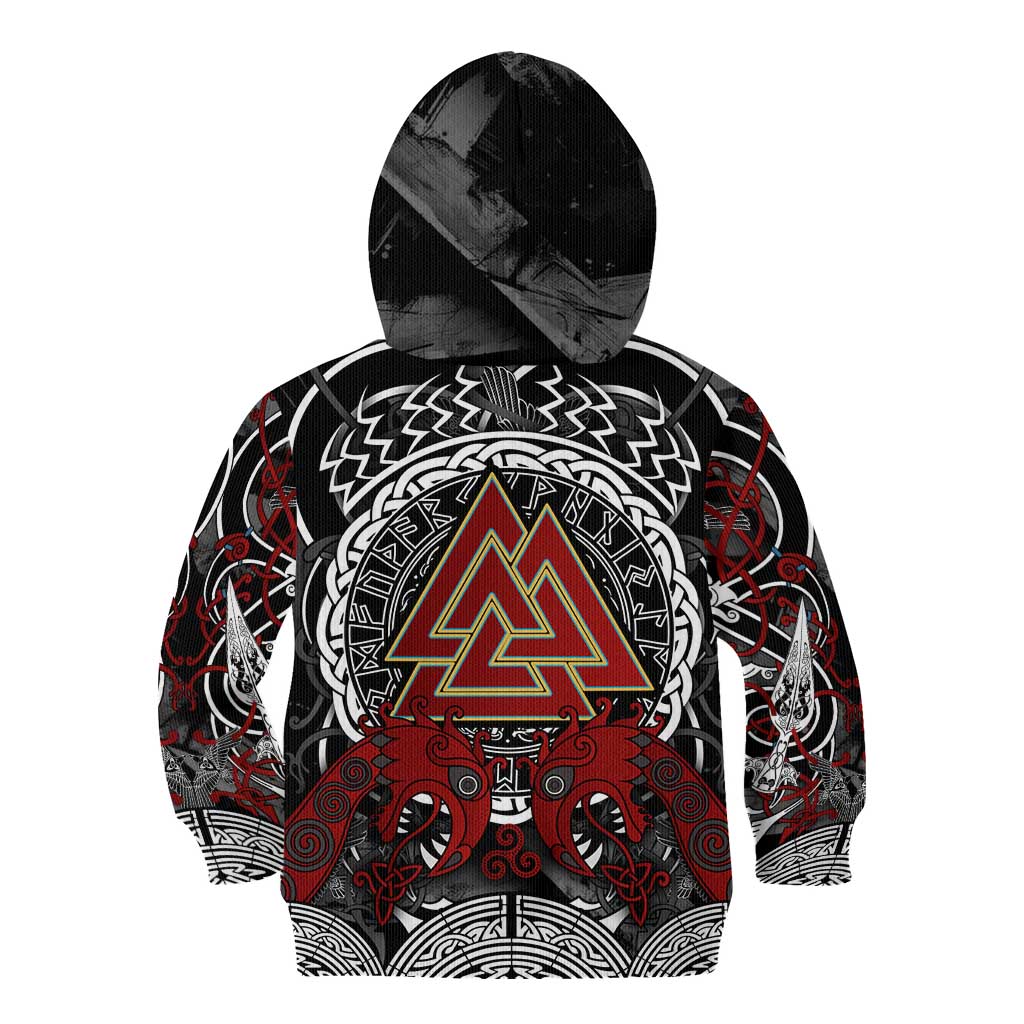 Viking Berserker and Valknut Norse Mythology Kid Hoodie Red and Black Celtic Knotwork Art