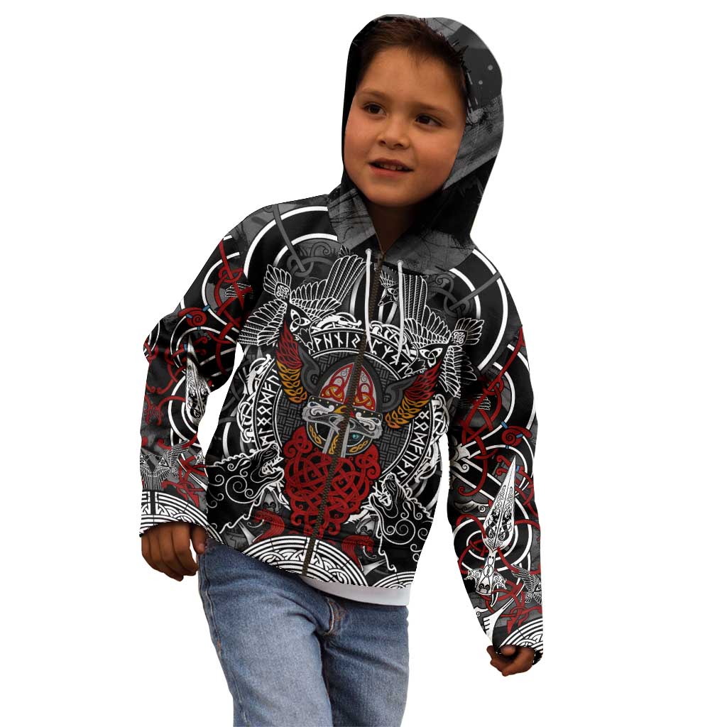 Viking Berserker and Valknut Norse Mythology Kid Hoodie Red and Black Celtic Knotwork Art