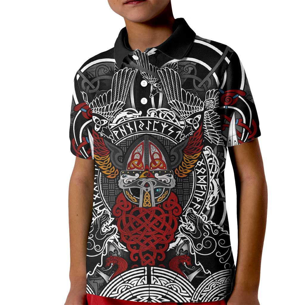 Viking Berserker and Valknut Norse Mythology Kid Polo Shirt Red and Black Celtic Knotwork Art