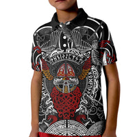 Viking Berserker and Valknut Norse Mythology Kid Polo Shirt Red and Black Celtic Knotwork Art