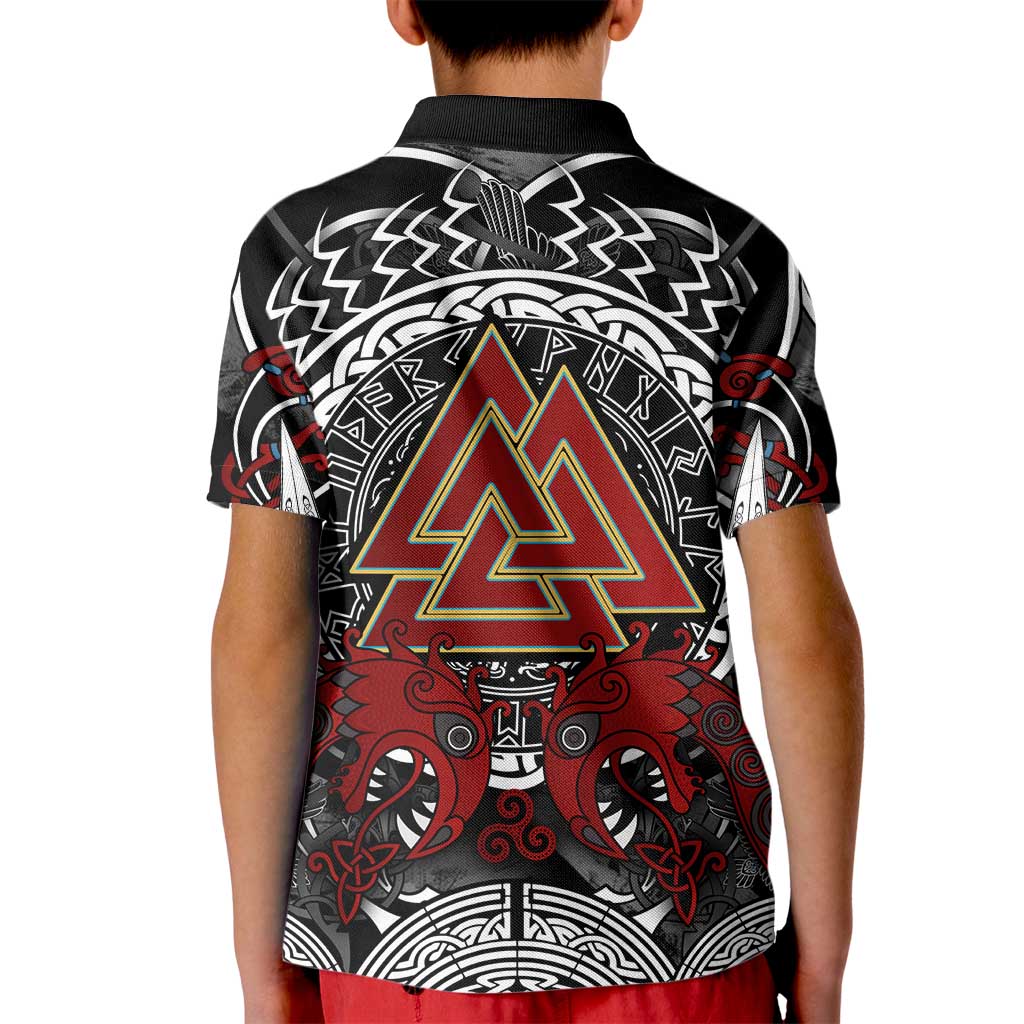 Viking Berserker and Valknut Norse Mythology Kid Polo Shirt Red and Black Celtic Knotwork Art