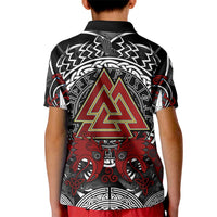 Viking Berserker and Valknut Norse Mythology Kid Polo Shirt Red and Black Celtic Knotwork Art