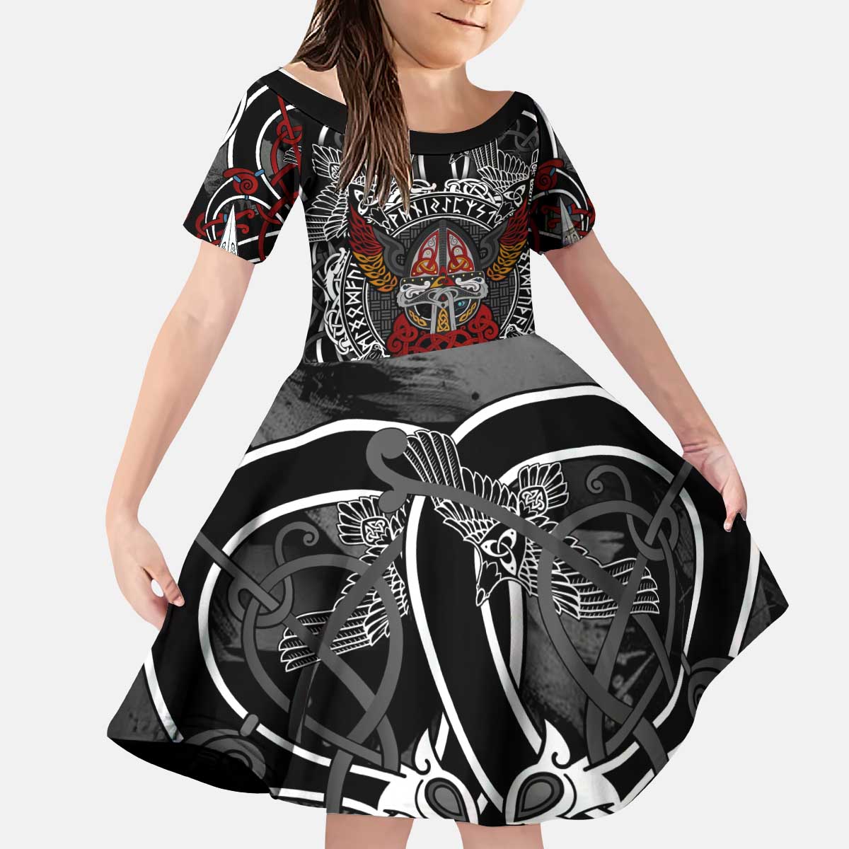 Viking Berserker and Valknut Norse Mythology Kid Short Sleeve Dress Red and Black Celtic Knotwork Art