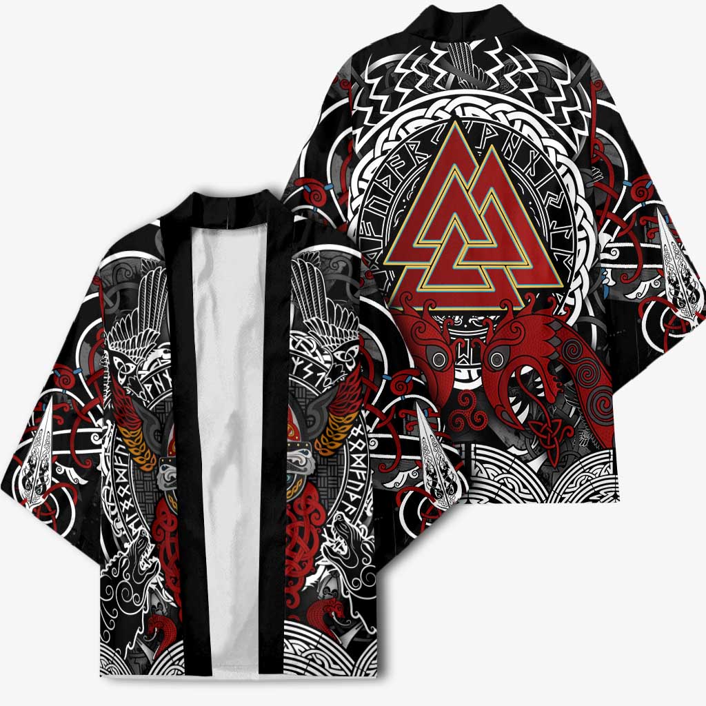 Viking Berserker and Valknut Norse Mythology Kimono Red and Black Celtic Knotwork Art