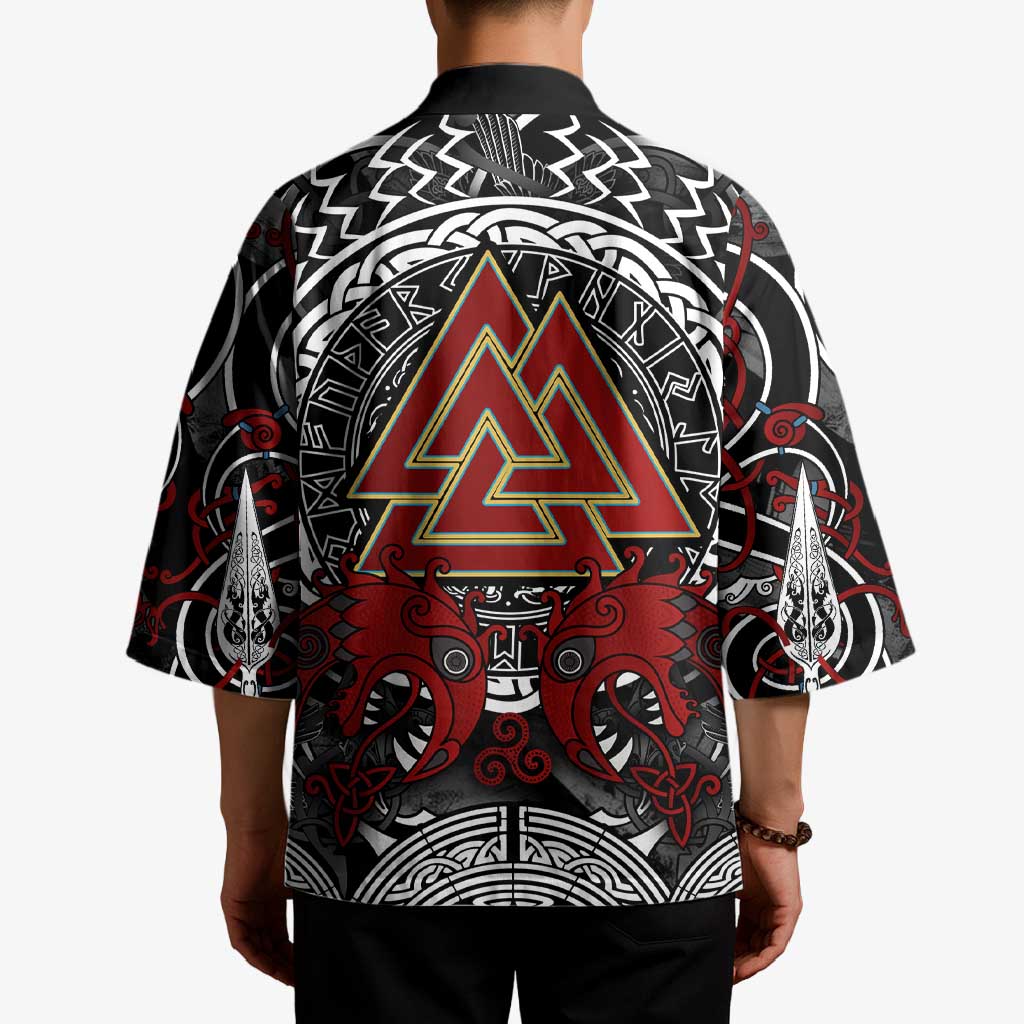 Viking Berserker and Valknut Norse Mythology Kimono Red and Black Celtic Knotwork Art