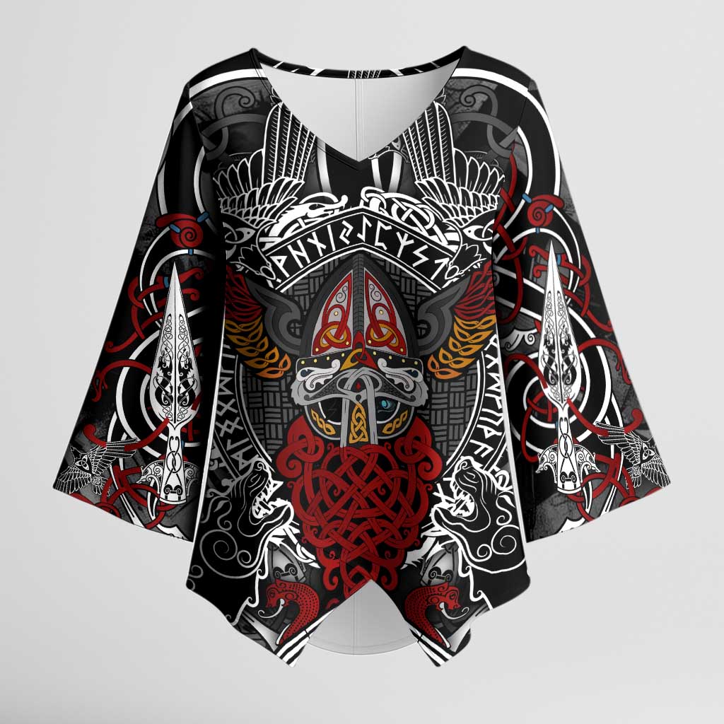 Viking Berserker and Valknut Norse Mythology Kimono Sleeve Blouse Red and Black Celtic Knotwork Art