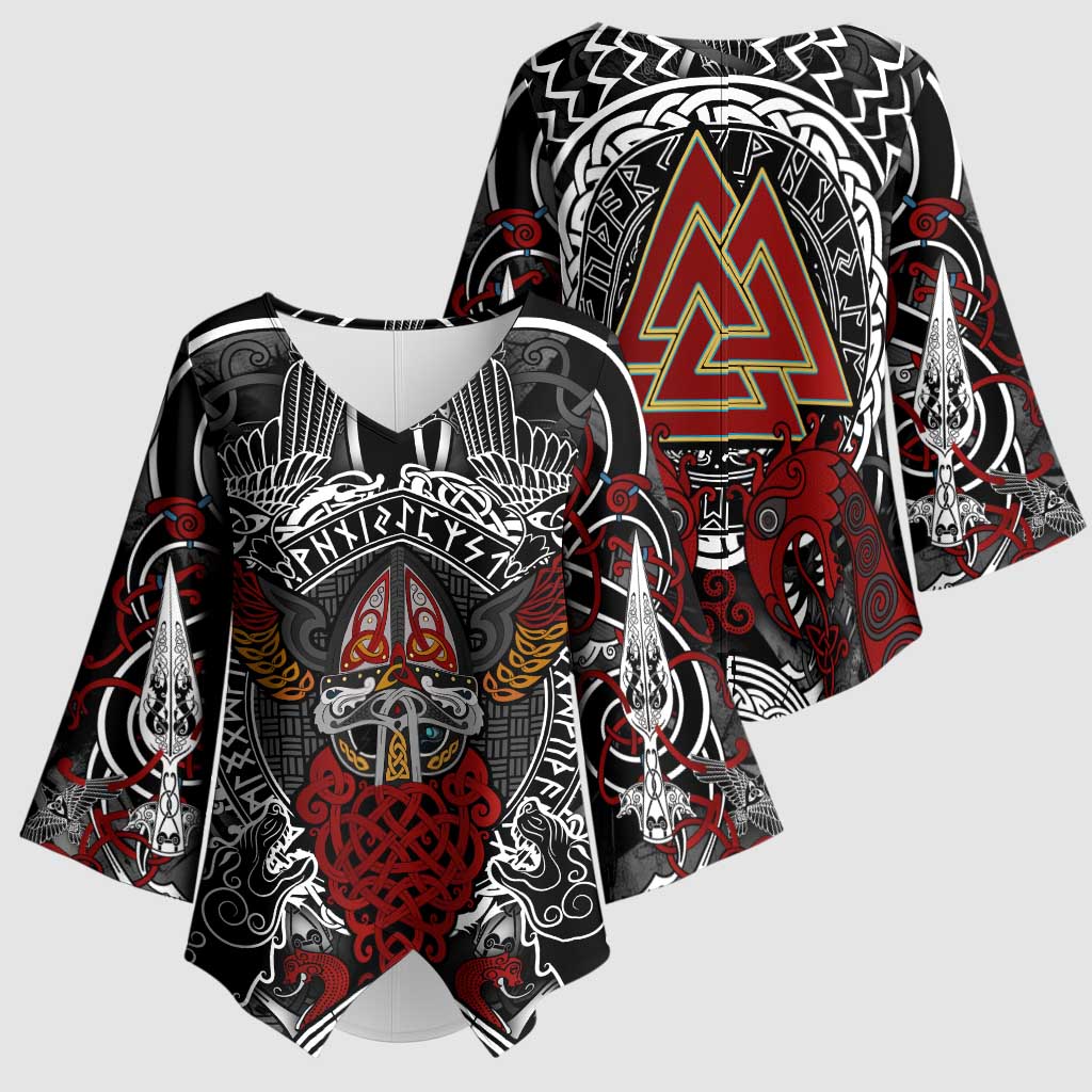 Viking Berserker and Valknut Norse Mythology Kimono Sleeve Blouse Red and Black Celtic Knotwork Art
