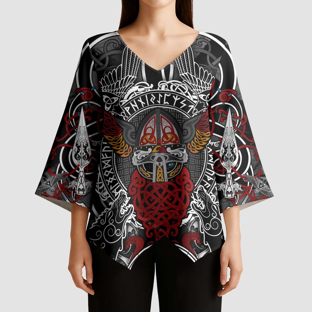 Viking Berserker and Valknut Norse Mythology Kimono Sleeve Blouse Red and Black Celtic Knotwork Art
