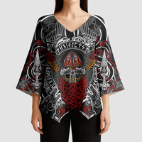 Viking Berserker and Valknut Norse Mythology Kimono Sleeve Blouse Red and Black Celtic Knotwork Art