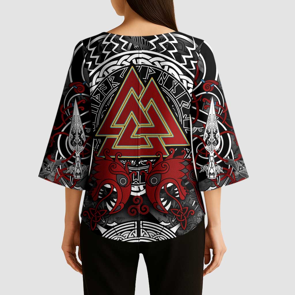 Viking Berserker and Valknut Norse Mythology Kimono Sleeve Blouse Red and Black Celtic Knotwork Art