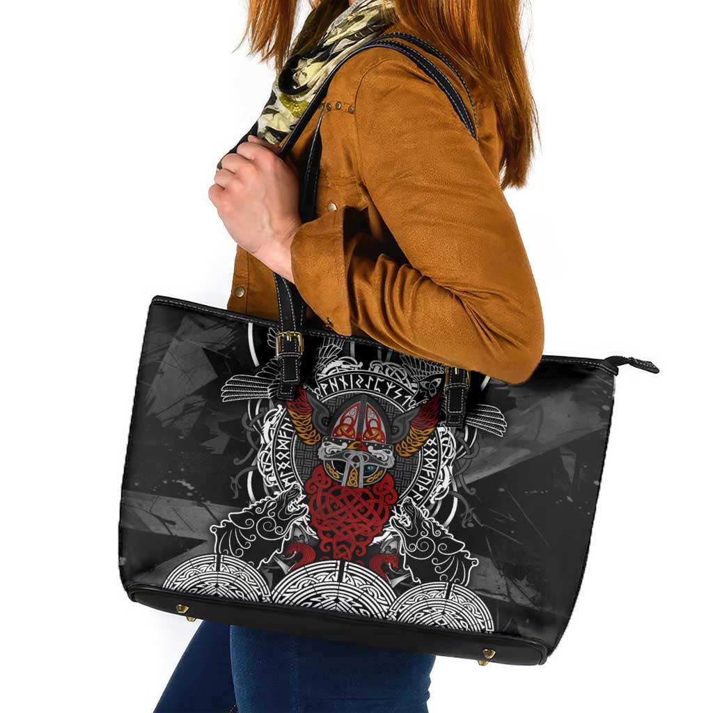 Viking Berserker and Valknut Norse Mythology Leather Tote Bag Red and Black Celtic Knotwork Art