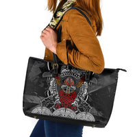 Viking Berserker and Valknut Norse Mythology Leather Tote Bag Red and Black Celtic Knotwork Art