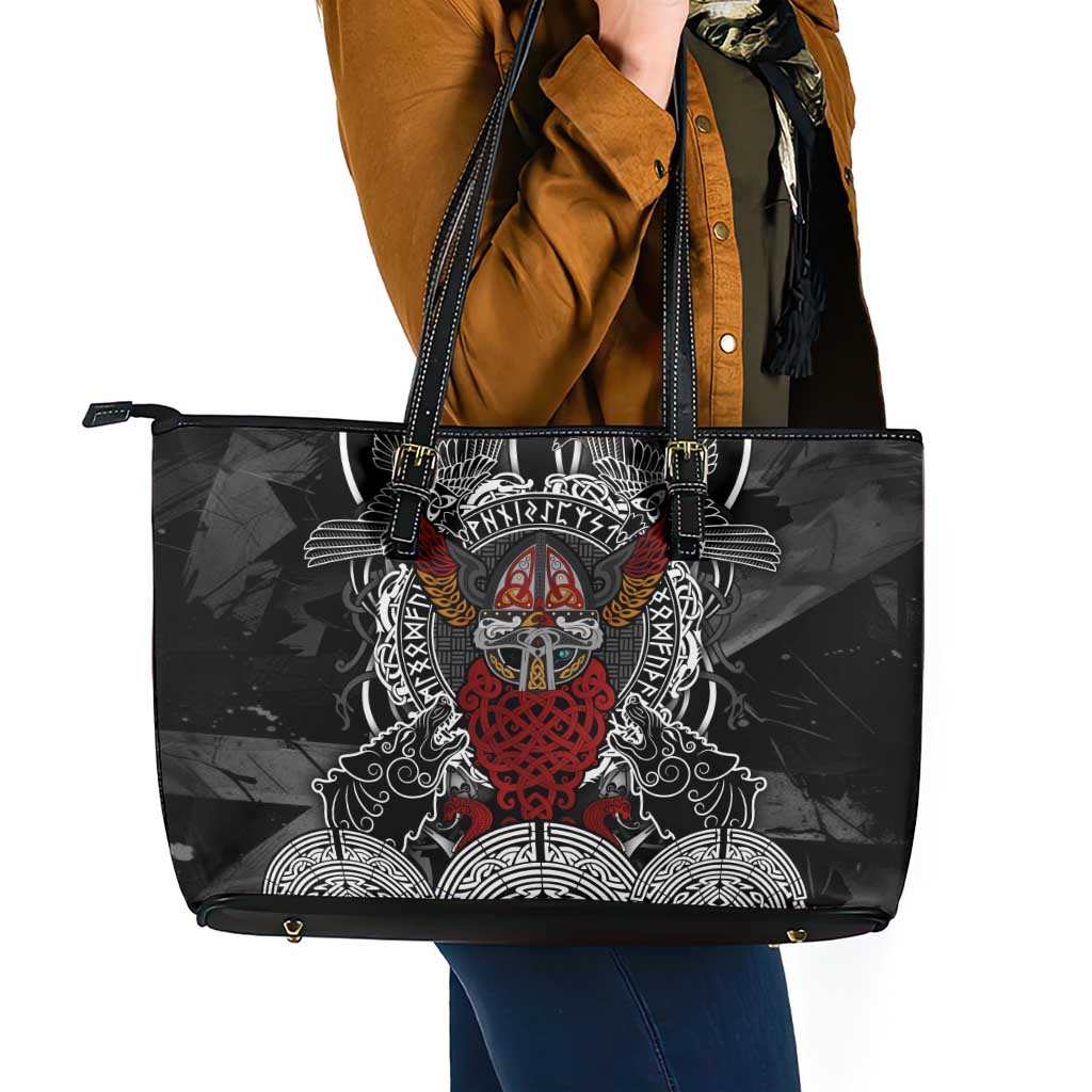 Viking Berserker and Valknut Norse Mythology Leather Tote Bag Red and Black Celtic Knotwork Art