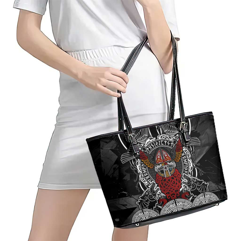 Viking Berserker and Valknut Norse Mythology Leather Tote Bag Red and Black Celtic Knotwork Art