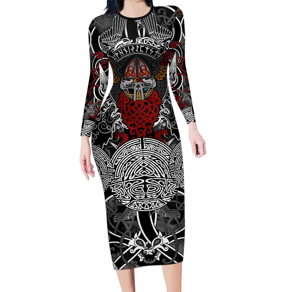 Viking Berserker and Valknut Norse Mythology Long Sleeve Bodycon Dress Red and Black Celtic Knotwork Art