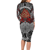 Viking Berserker and Valknut Norse Mythology Long Sleeve Bodycon Dress Red and Black Celtic Knotwork Art