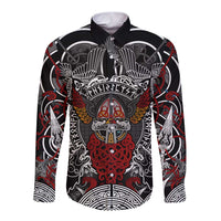 Viking Berserker and Valknut Norse Mythology Long Sleeve Button Shirt Red and Black Celtic Knotwork Art