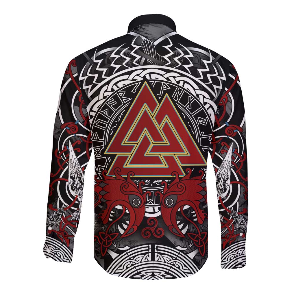 Viking Berserker and Valknut Norse Mythology Long Sleeve Button Shirt Red and Black Celtic Knotwork Art