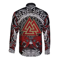 Viking Berserker and Valknut Norse Mythology Long Sleeve Button Shirt Red and Black Celtic Knotwork Art