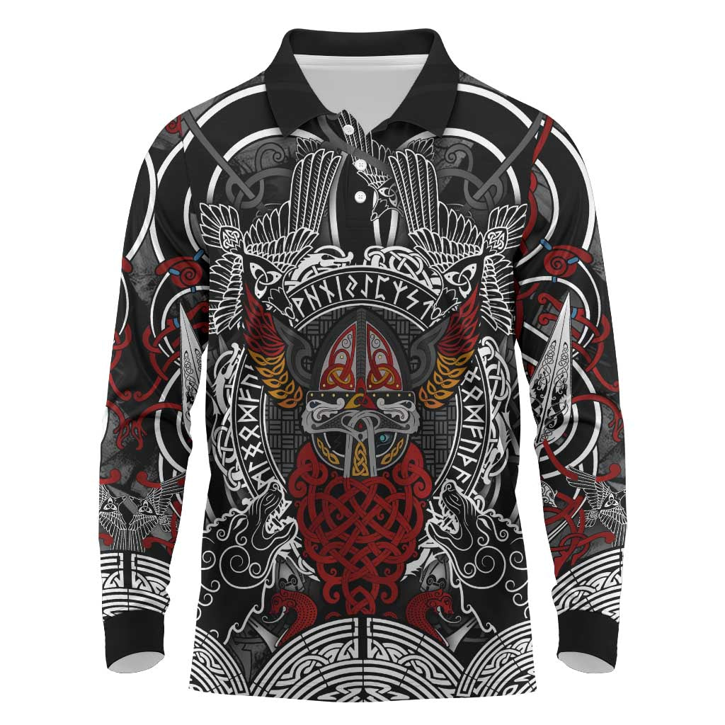 Viking Berserker and Valknut Norse Mythology Long Sleeve Polo Shirt Red and Black Celtic Knotwork Art