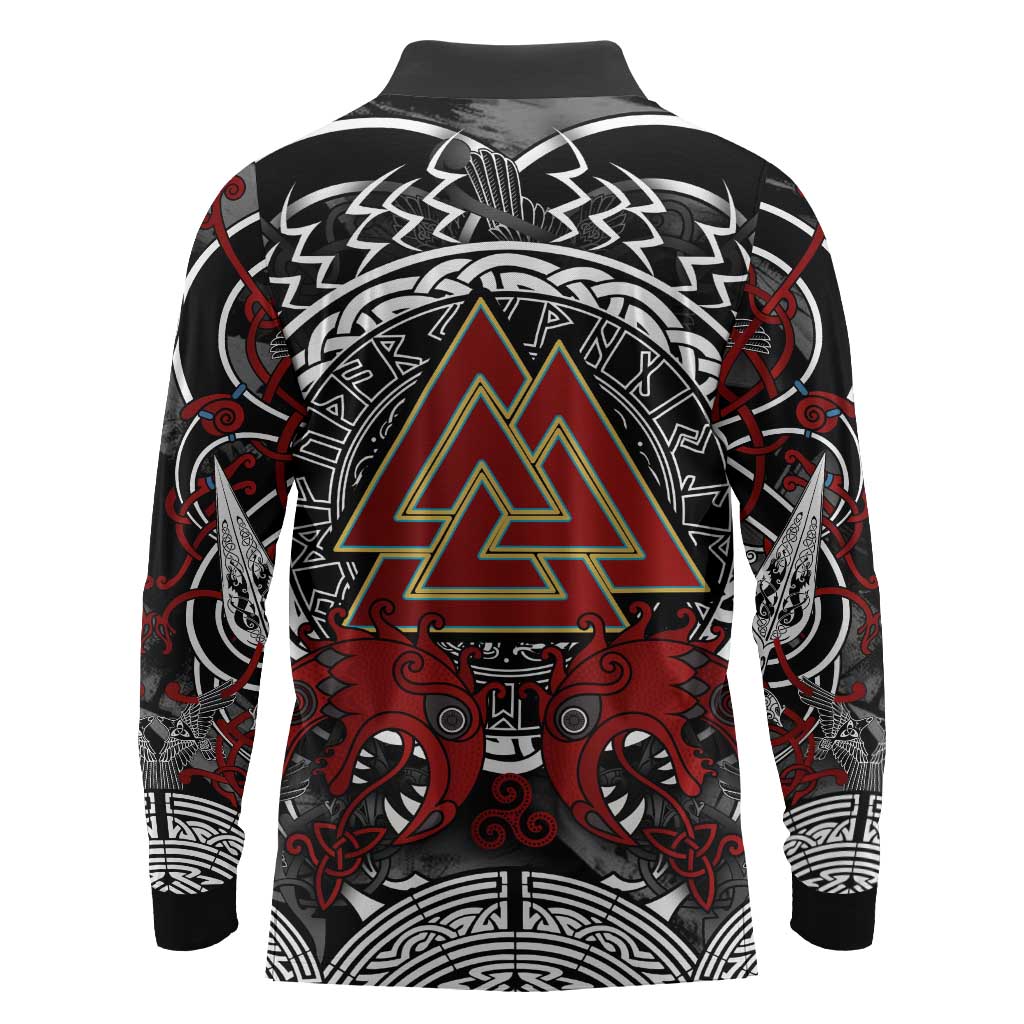 Viking Berserker and Valknut Norse Mythology Long Sleeve Polo Shirt Red and Black Celtic Knotwork Art