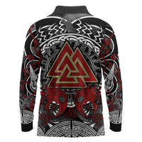 Viking Berserker and Valknut Norse Mythology Long Sleeve Polo Shirt Red and Black Celtic Knotwork Art