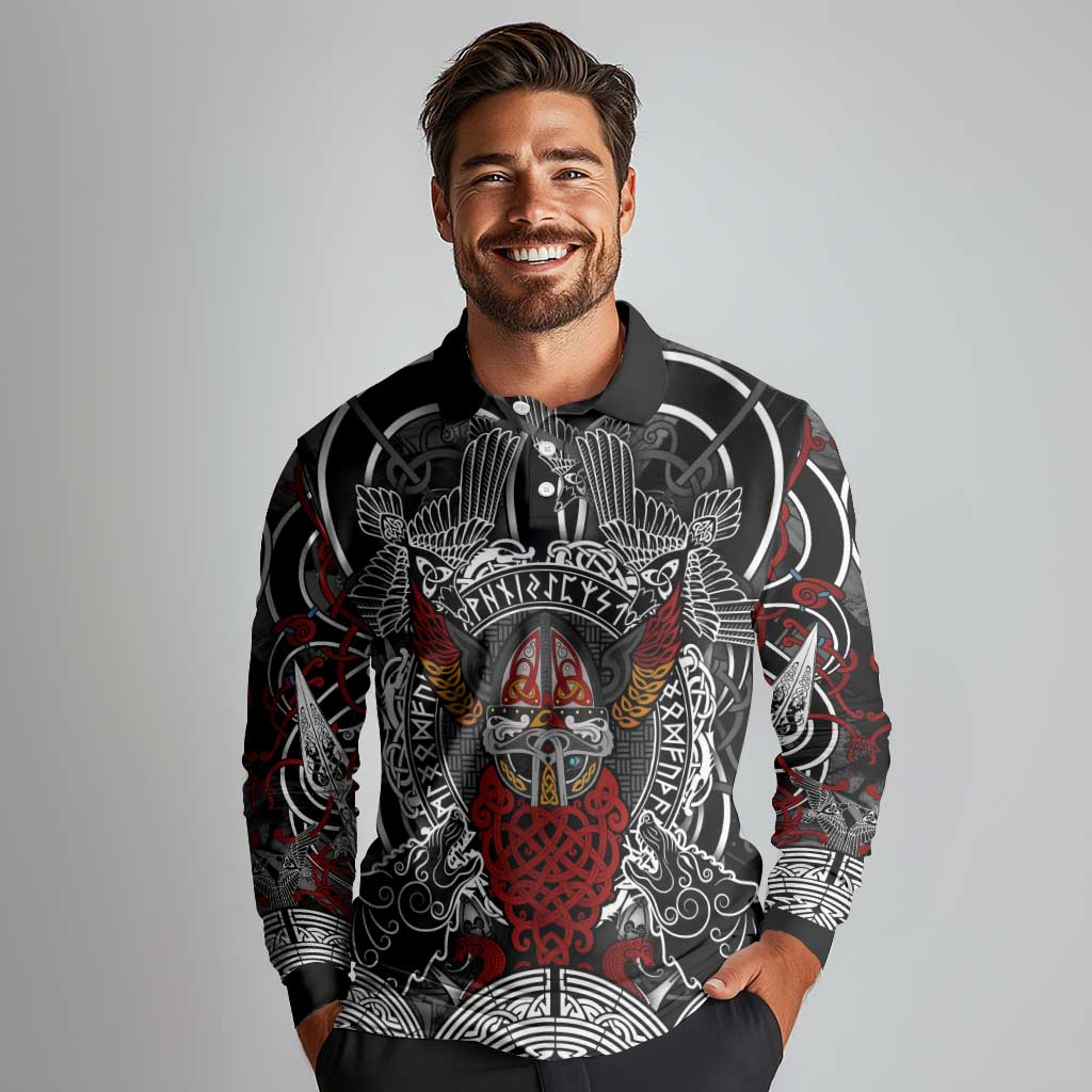 Viking Berserker and Valknut Norse Mythology Long Sleeve Polo Shirt Red and Black Celtic Knotwork Art