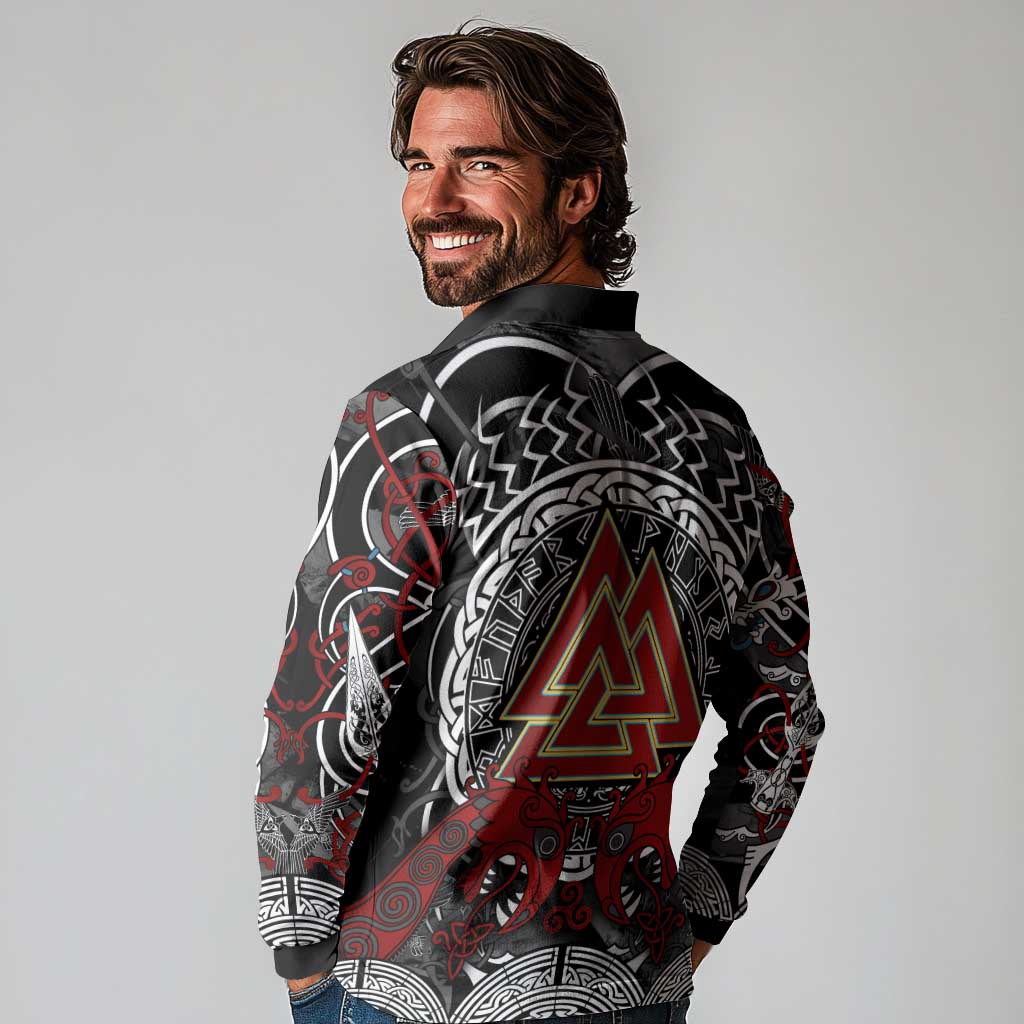 Viking Berserker and Valknut Norse Mythology Long Sleeve Polo Shirt Red and Black Celtic Knotwork Art