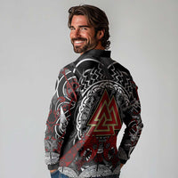 Viking Berserker and Valknut Norse Mythology Long Sleeve Polo Shirt Red and Black Celtic Knotwork Art