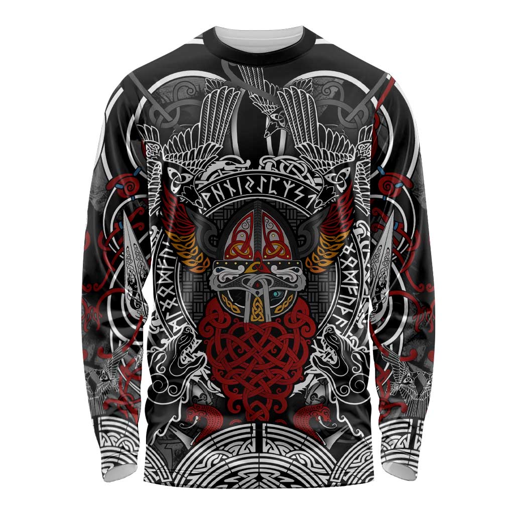Viking Berserker and Valknut Norse Mythology Long Sleeve Shirt Red and Black Celtic Knotwork Art