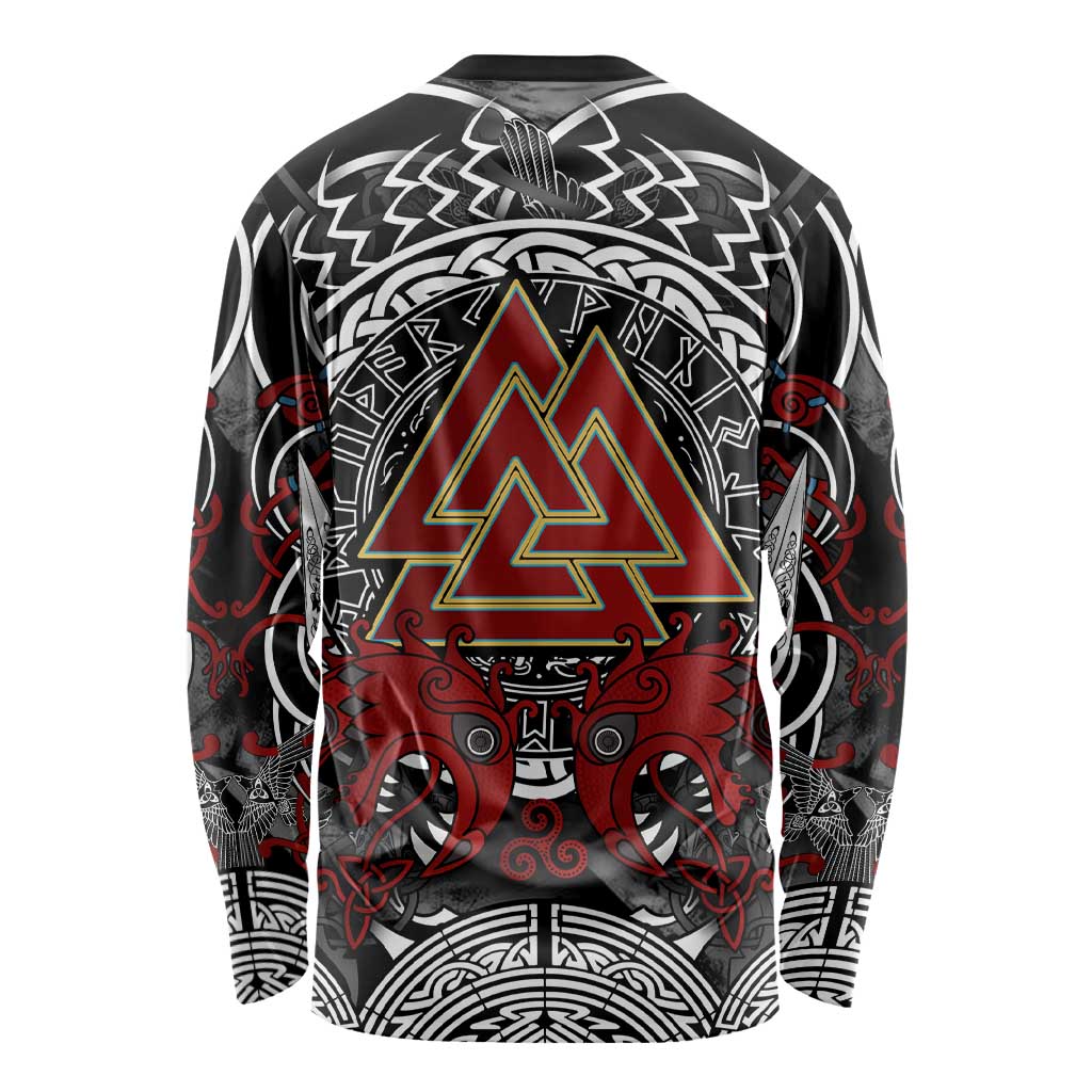 Viking Berserker and Valknut Norse Mythology Long Sleeve Shirt Red and Black Celtic Knotwork Art