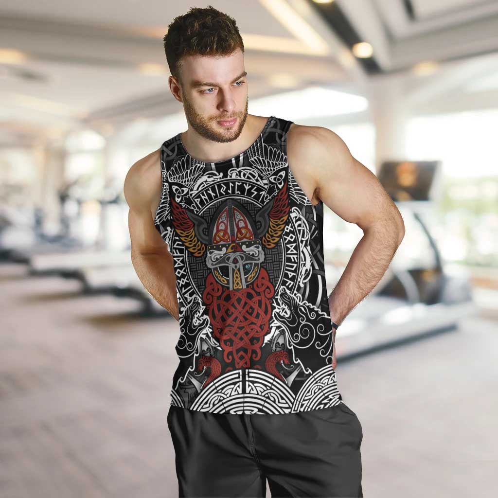 Viking Berserker and Valknut Norse Mythology Men Tank Top Red and Black Celtic Knotwork Art