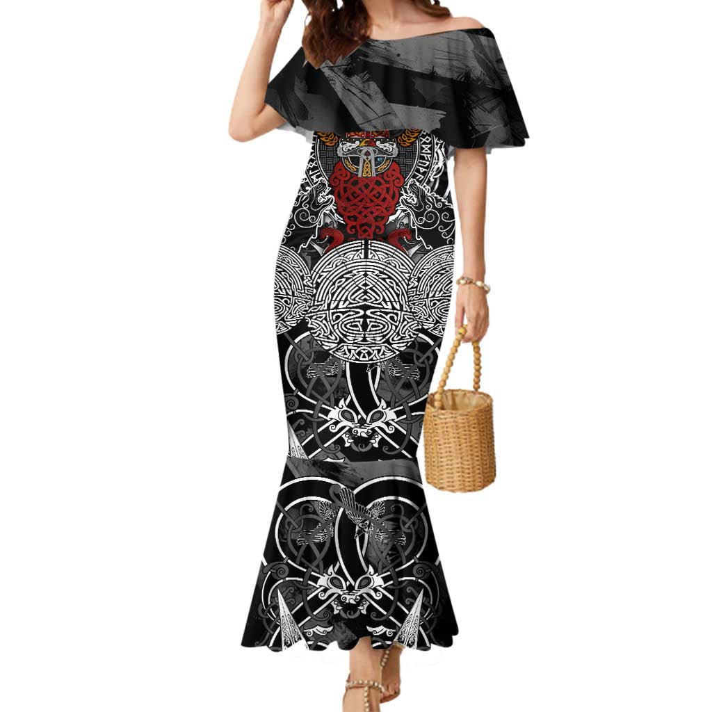 Viking Berserker and Valknut Norse Mythology Mermaid Dress Red and Black Celtic Knotwork Art