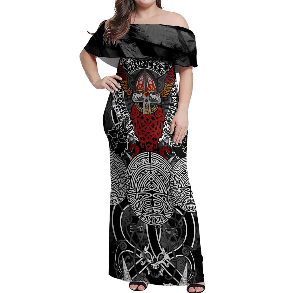 Viking Berserker and Valknut Norse Mythology Off Shoulder Maxi Dress Red and Black Celtic Knotwork Art