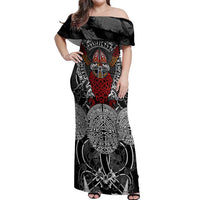 Viking Berserker and Valknut Norse Mythology Off Shoulder Maxi Dress Red and Black Celtic Knotwork Art