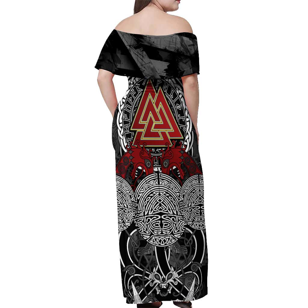 Viking Berserker and Valknut Norse Mythology Off Shoulder Maxi Dress Red and Black Celtic Knotwork Art