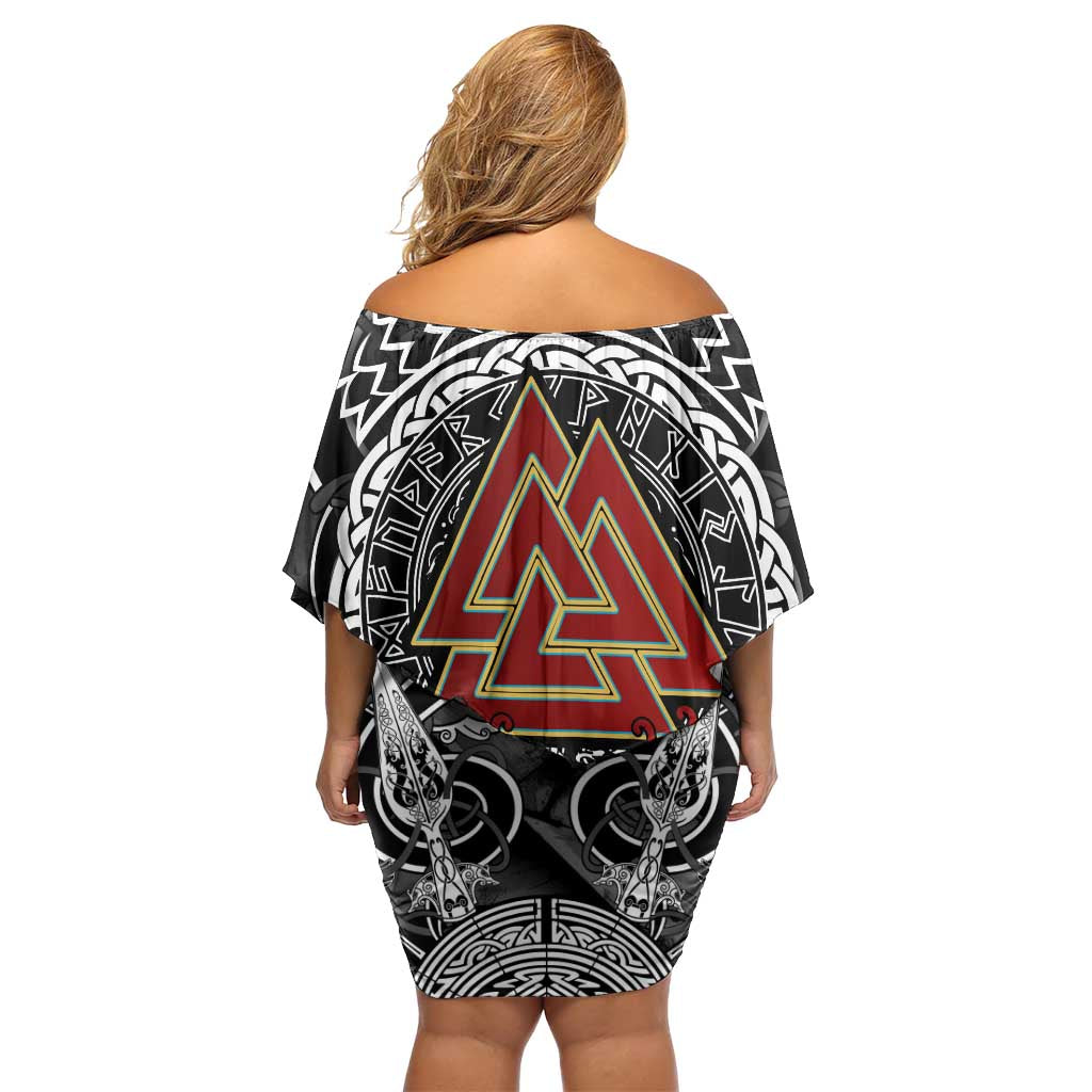 Viking Berserker and Valknut Norse Mythology Off Shoulder Short Dress Red and Black Celtic Knotwork Art
