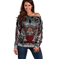 Viking Berserker and Valknut Norse Mythology Off Shoulder Sweater Red and Black Celtic Knotwork Art
