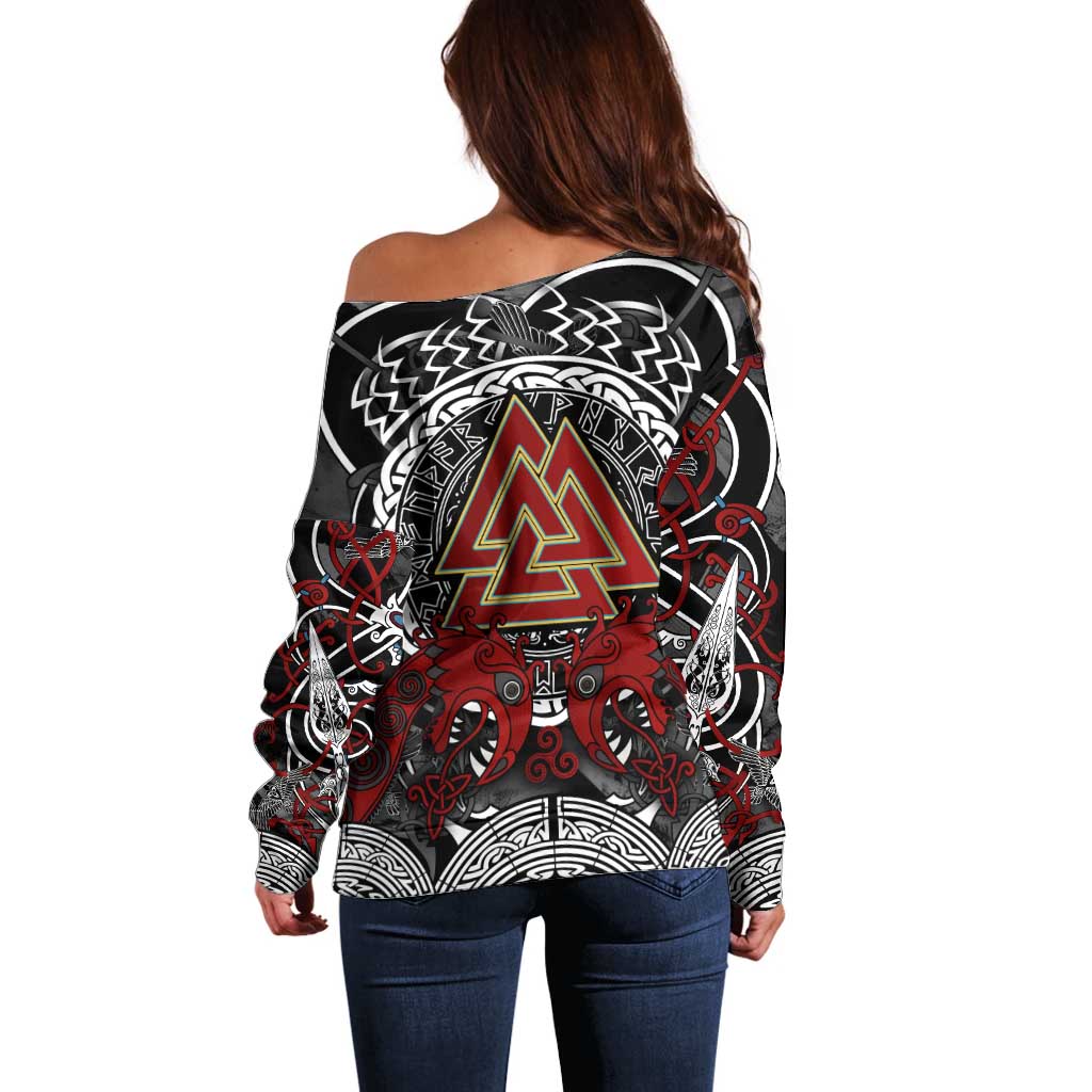 Viking Berserker and Valknut Norse Mythology Off Shoulder Sweater Red and Black Celtic Knotwork Art